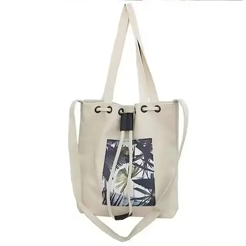 Medium Canvas Tote Bag with Drawstring Closure and Graphic Print